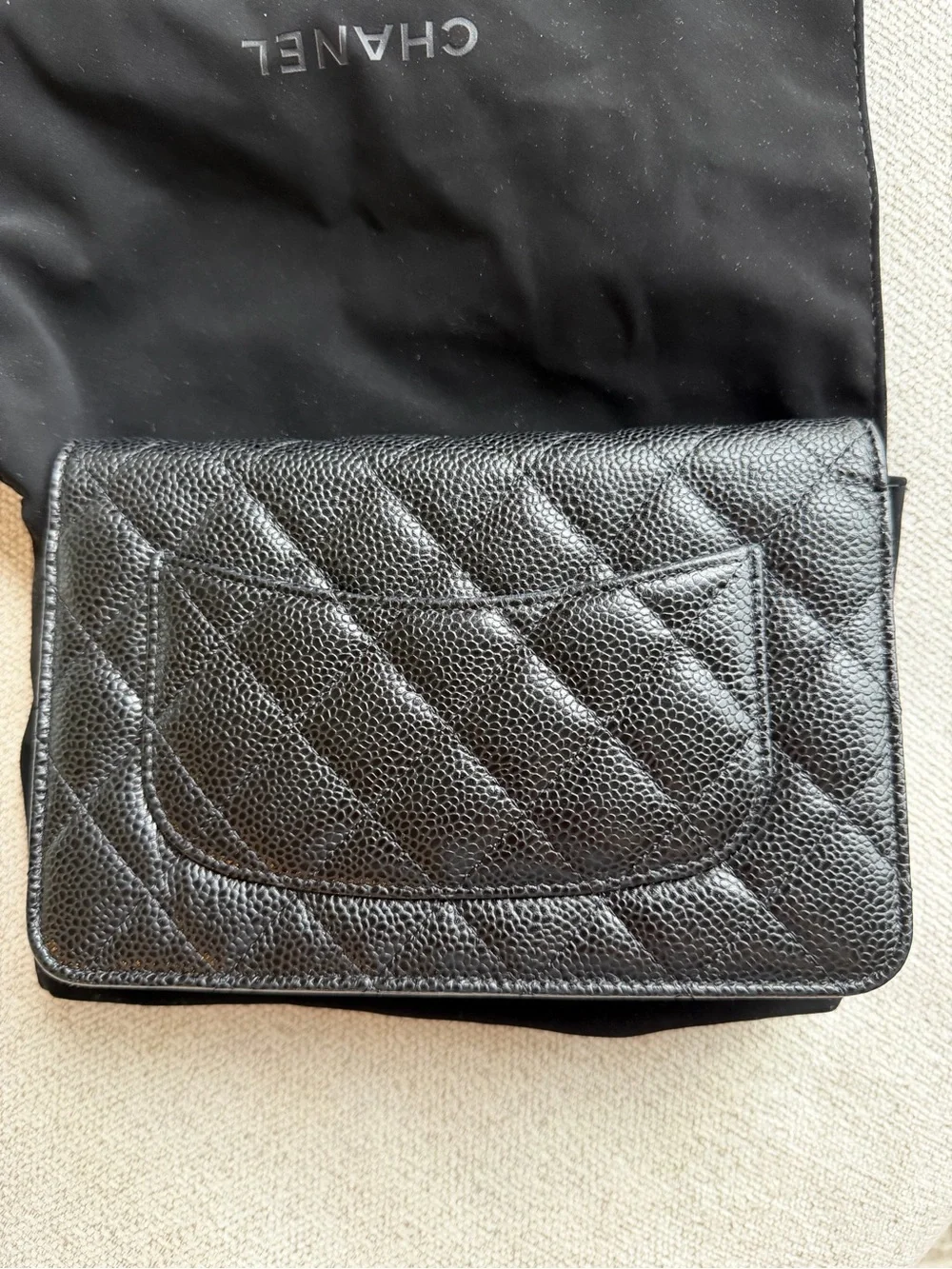 CHANEL WOC Black Quilted Caviar Crossbody with Silver Chain